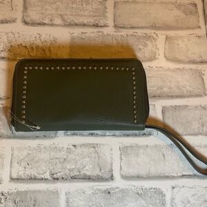 Stylish Greenish/gray Wristlet Wallet studded rivets. Strap. New-no tags.